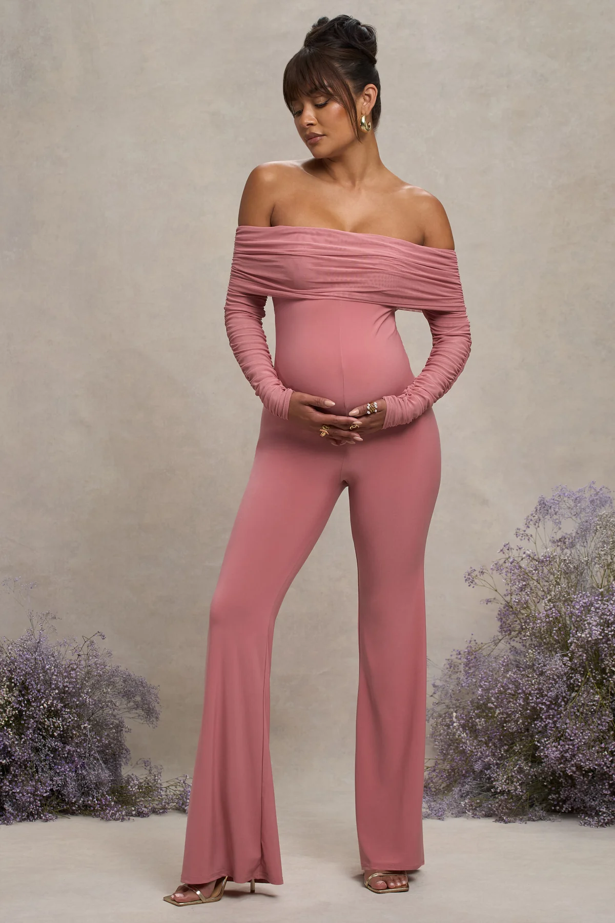 Count Down  Blush Pink Maternity Ruched Mesh Bardot Jumpsuit