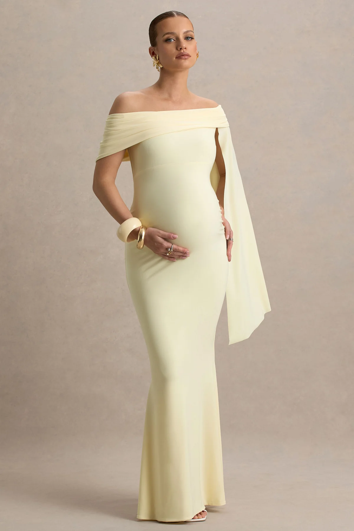 Aquila  Lemon Bardot Maternity Maxi Dress With Drape Sleeve