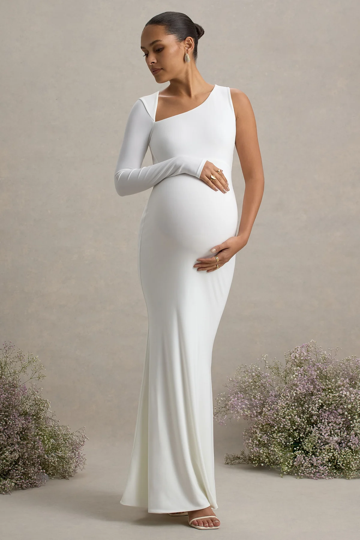Oh Baby  White Maternity One Shoulder Bodycon Maxi Dress