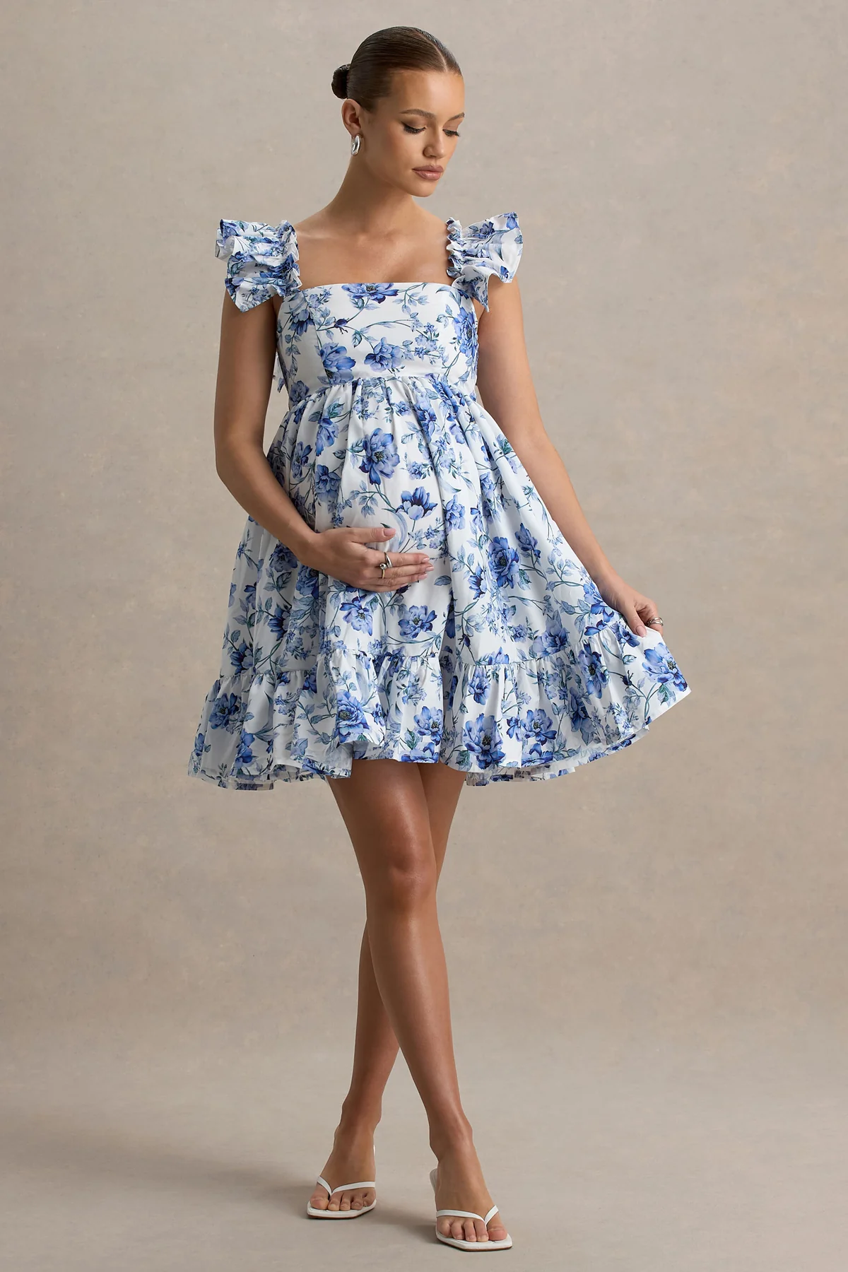 Dolly Daze  Blue Floral Print Ruffle Sleeve Babydoll Maternity Mini Dress