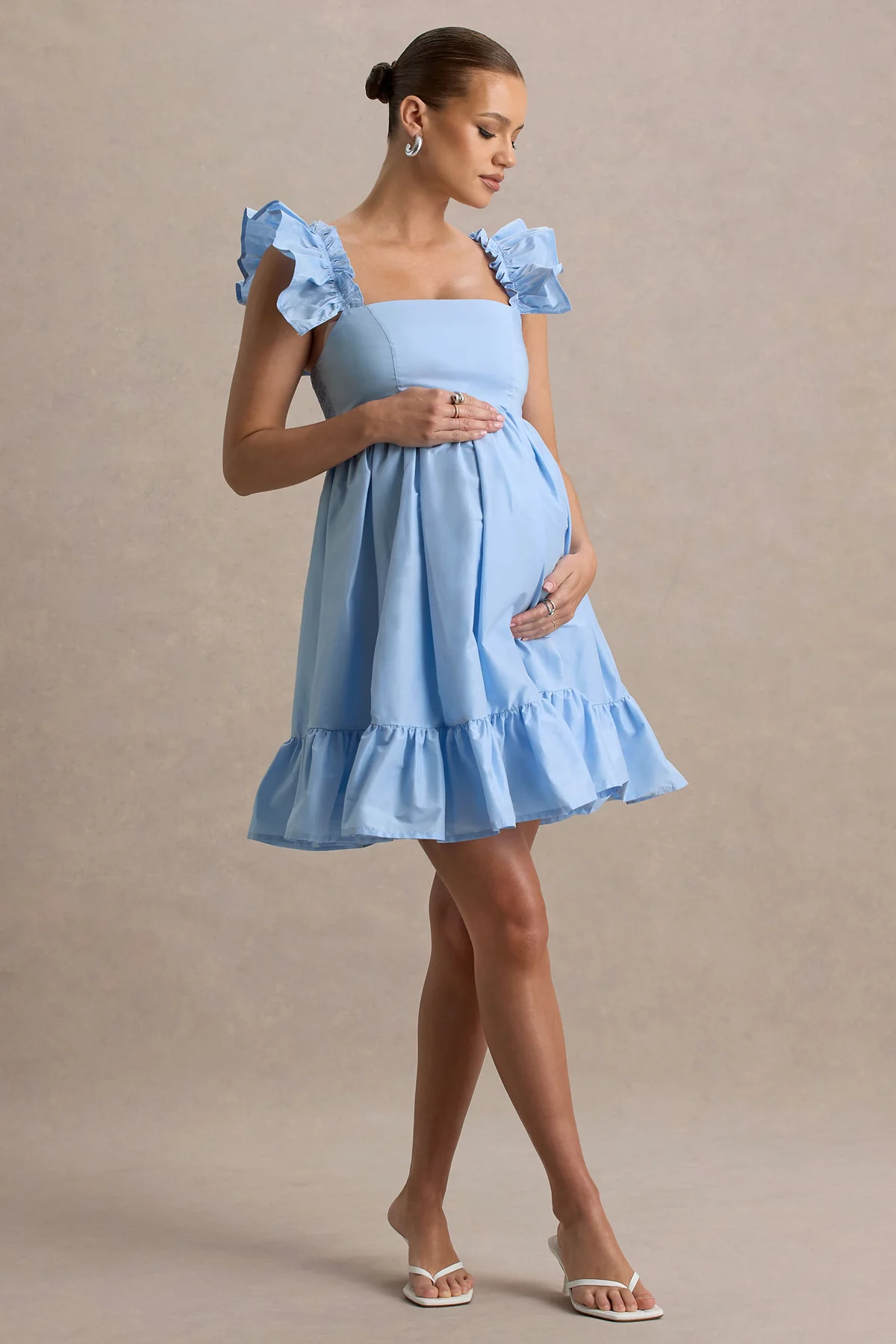 Dolly Daze  Powder Blue Ruffle Sleeve Babydoll Maternity Mini Dress